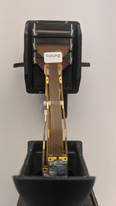 Neuropixels probe connected to cone and headstage